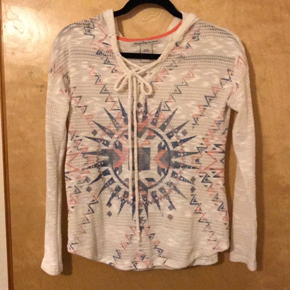 Aztec print lace neck sweater